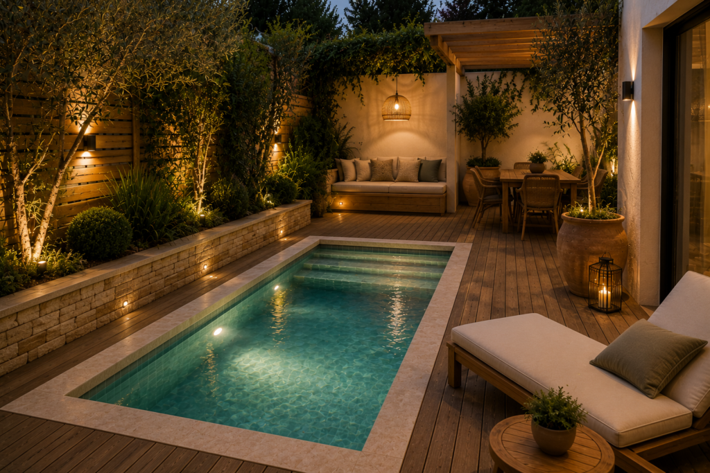 Petit bassin méditerranéen entouré d'une terrasse en bois, d'une pergola, d'oliviers et d'un éclairage chaleureux dans un jardin paysager.
