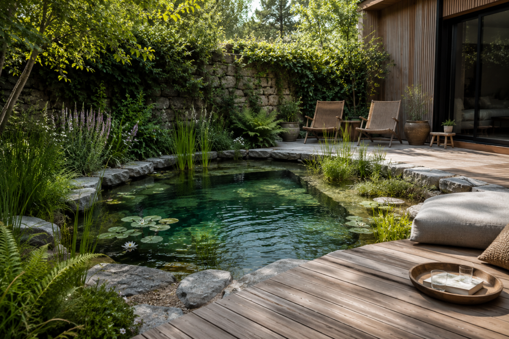 Petit bassin naturel entouré de plantes aquatiques, fougères et pierres dans le jardin d'une maison contemporaine en bois.