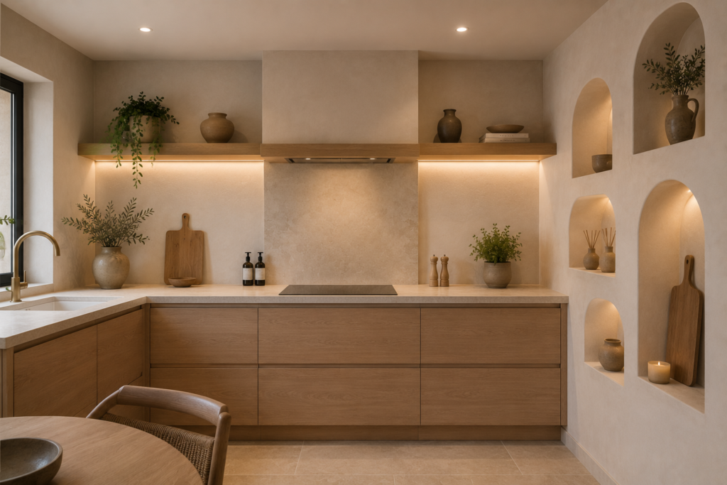 Cuisine beige et bois avec niches décoratives éclairées, façades en chêne clair, crédence en pierre naturelle et décoration en céramique.