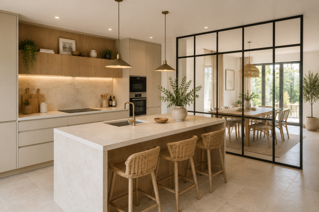 Cuisine beige et bois avec verrière noire, îlot central en pierre naturelle et salle à manger lumineuse séparée par une cloison vitrée.