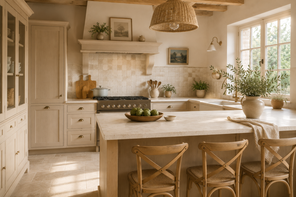 Cuisine campagne chic beige et bois avec îlot central, poutres apparentes, hotte maçonnée et meubles en bois naturel.