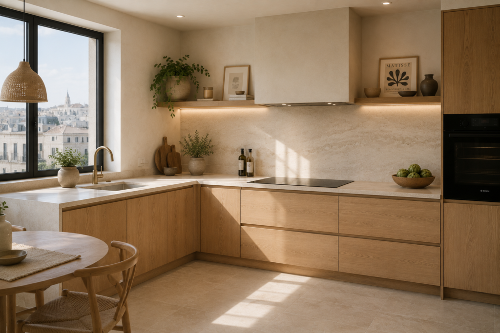 Cuisine en L beige et bois avec plan de travail en pierre naturelle, grande fenêtre, table ronde et vue sur la ville.