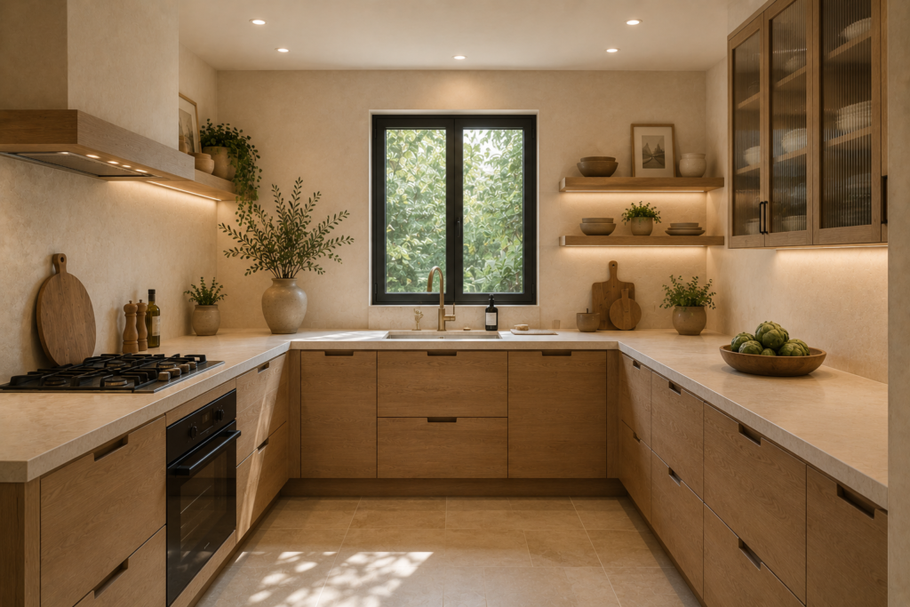 Cuisine en U beige et bois avec plan de travail en pierre naturelle, fenêtre centrale, nombreux rangements et ambiance contemporaine.