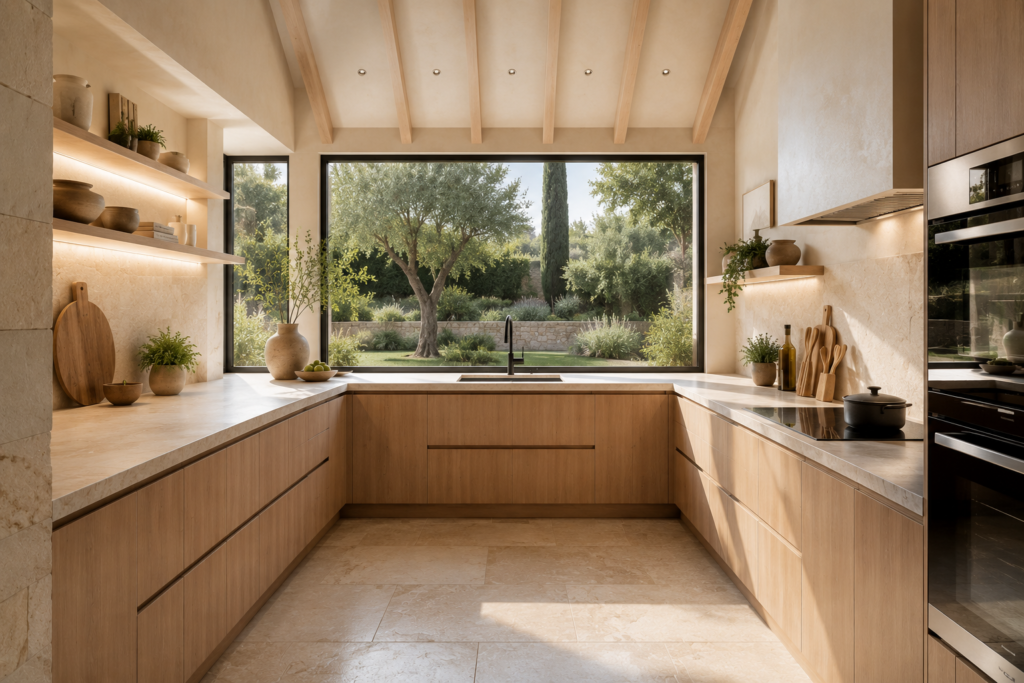 Cuisine en U beige et bois avec plan de travail en pierre naturelle, grande fenêtre panoramique ouverte sur un jardin et ambiance lumineuse.