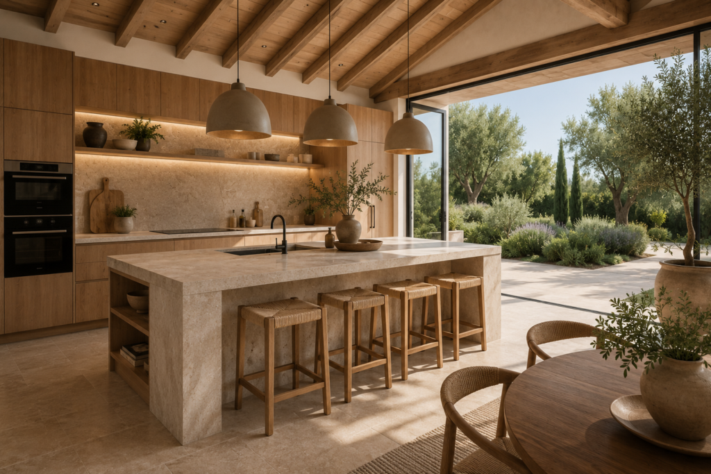 Cuisine beige et bois avec grand îlot central en pierre naturelle, poutres apparentes et large baie vitrée ouverte sur un jardin méditerranéen.