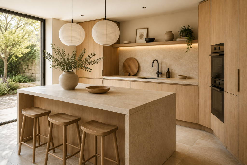 Cuisine japandi beige et bois avec façades en chêne clair, îlot central en pierre naturelle et suspensions en papier