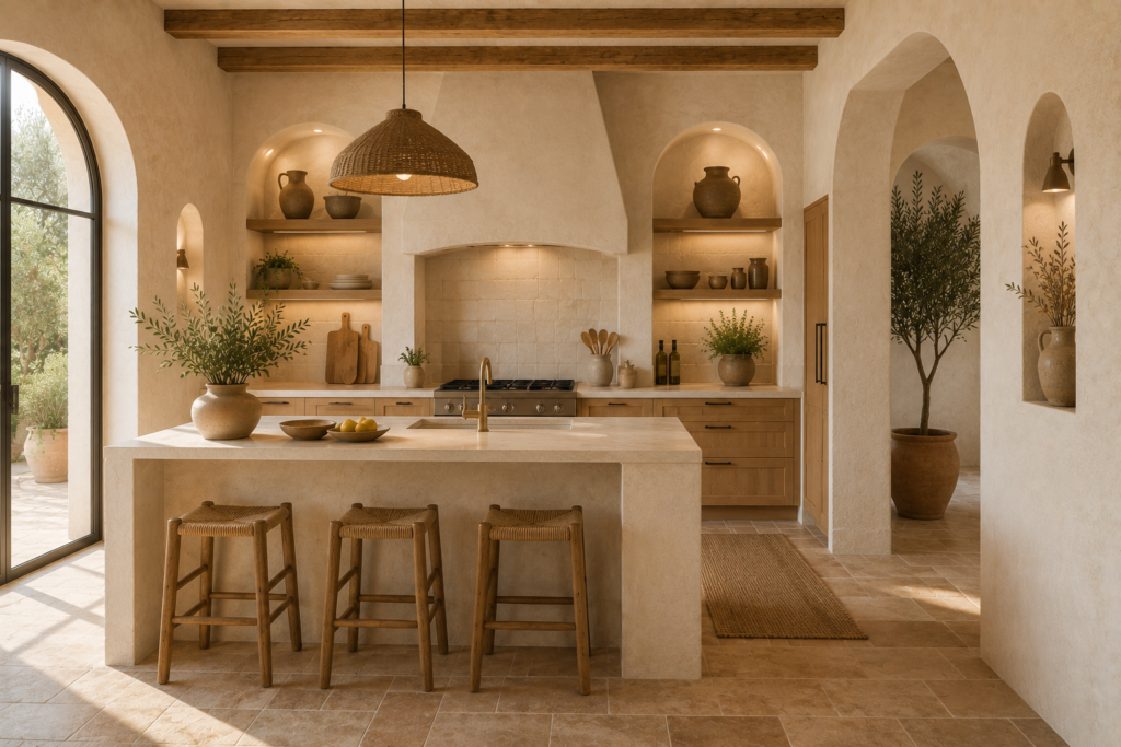 Cuisine méditerranéenne beige et bois avec arches, îlot en travertin, poutres apparentes et murs à la chaux.