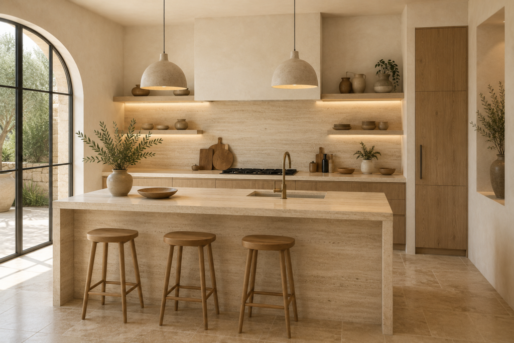 Cuisine en travertin avec îlot central, façades en bois clair, plan de travail en pierre naturelle et grande baie vitrée cintrée.