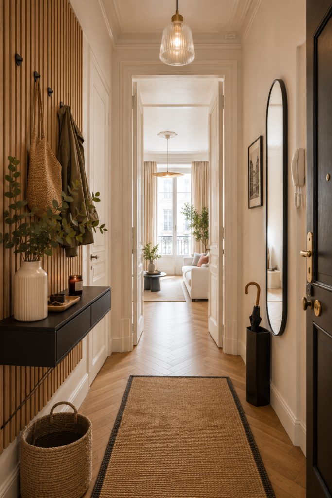 Entrée d'appartement haussmannien avec panneau en tasseaux de bois, console suspendue noire, miroir ovale, parquet en point de Hongrie et décoration naturelle.