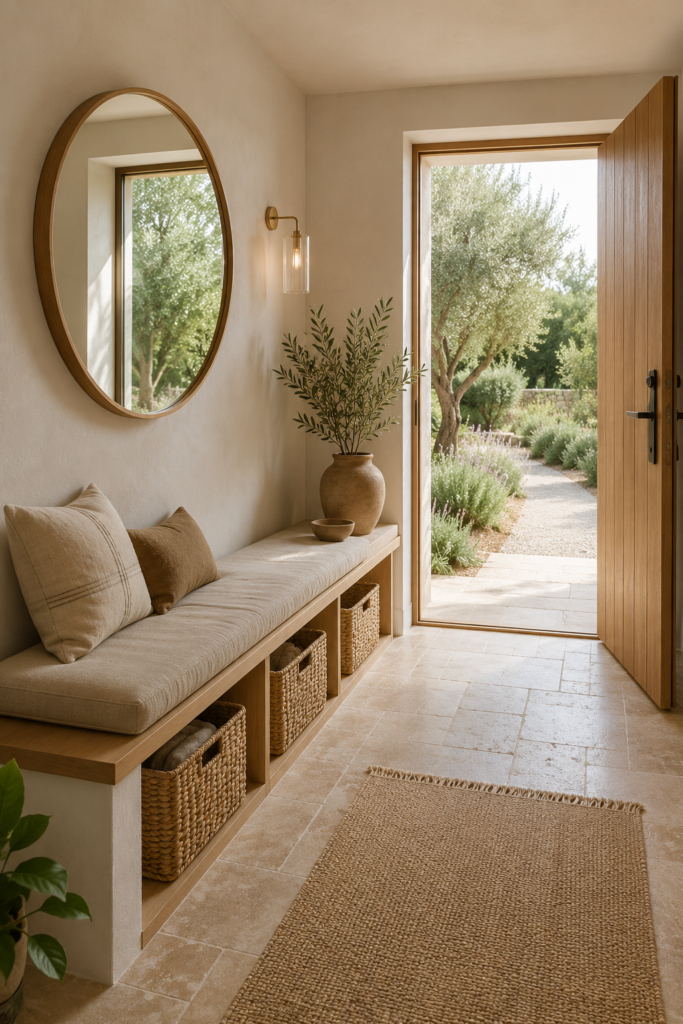 Entrée de maison avec banc intégré en bois clair, paniers en fibres naturelles, miroir rond, tapis en jute et décoration chaleureuse.