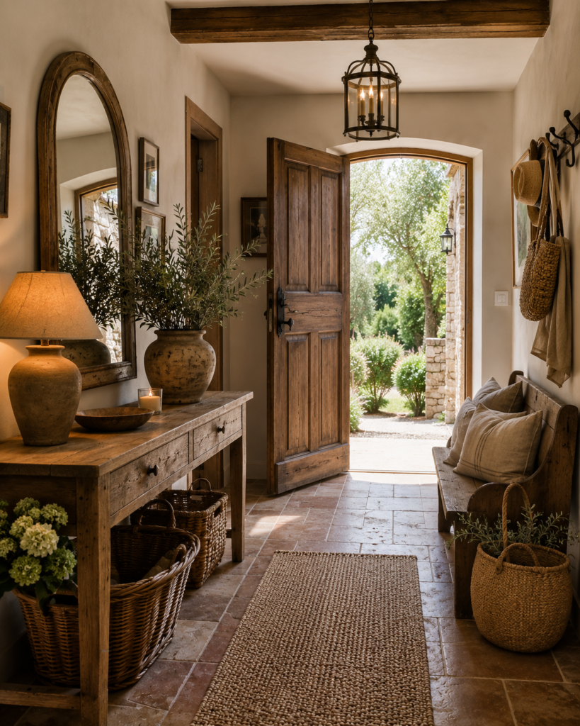 Entrée de maison campagne chic avec console en bois patiné, banc ancien, suspension en fer forgé, miroir rustique et décoration en matières naturelles.