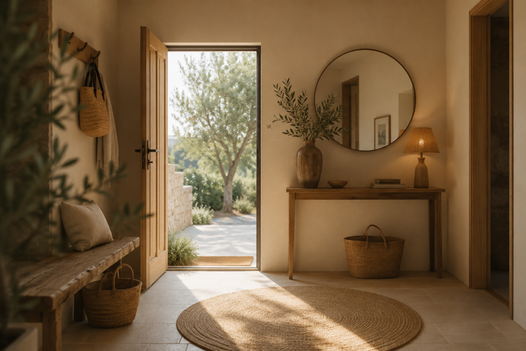 Entrée de maison chaleureuse avec banc en bois, console, miroir rond, tapis en jute et décoration naturelle.