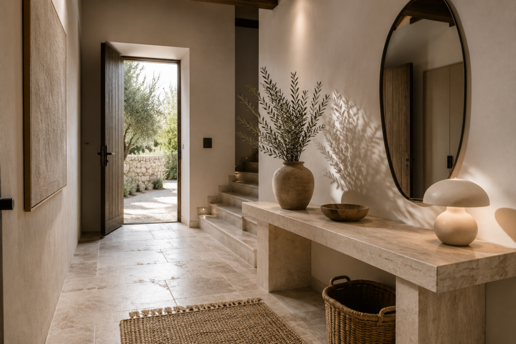 Entrée de maison avec console en travertin, miroir organique, vase en céramique, tapis en jute et décoration naturelle dans un style méditerranéen.