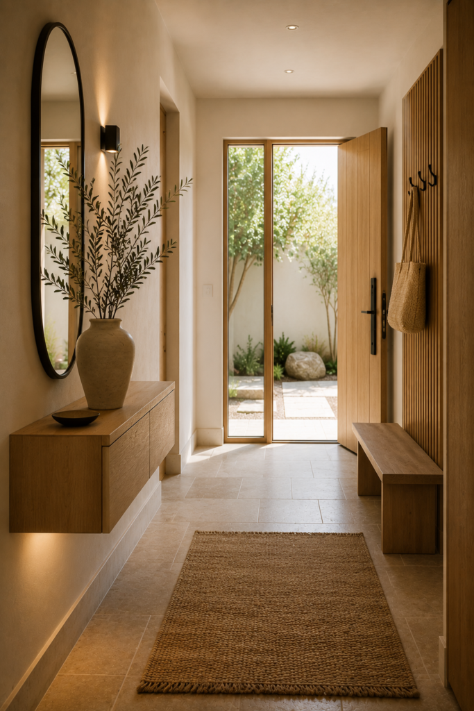 Entrée de maison Japandi avec meuble suspendu en bois clair, miroir organique, tasseaux de bois, tapis en fibres naturelles et décoration minimaliste.