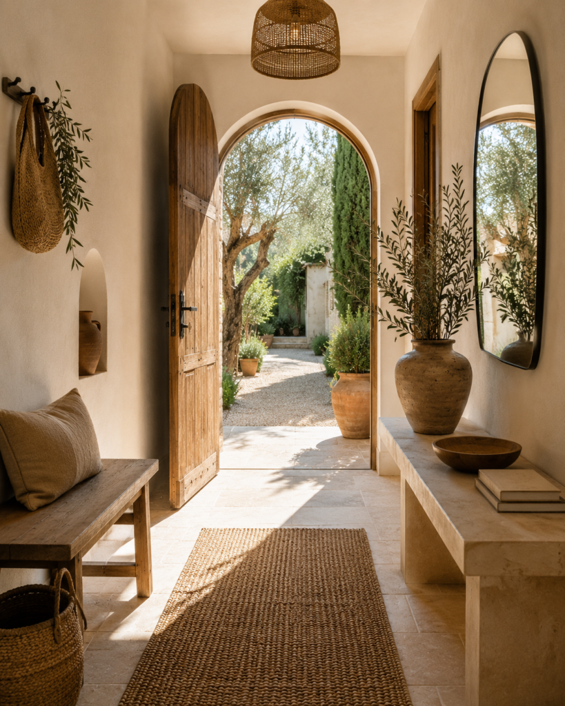 Entrée de maison méditerranéenne avec porte cintrée en bois, console en travertin, banc en bois, tapis en jute, amphores en terre cuite et jardin ensoleillé.