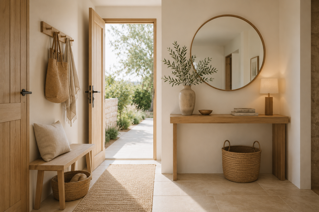 Entrée de maison minimaliste avec banc en bois clair, console en chêne, miroir rond, tapis en fibres naturelles et décoration épurée.