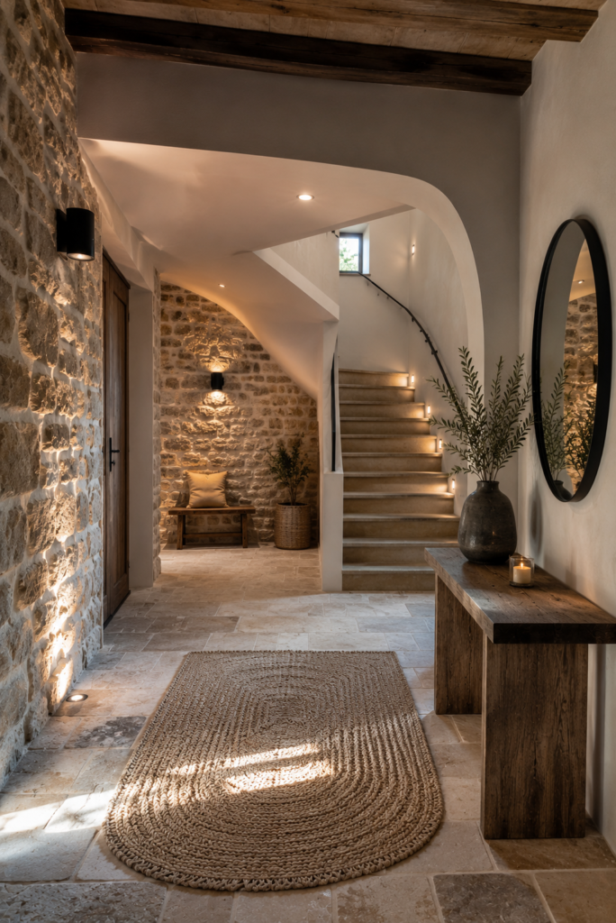 Entrée de maison avec murs en pierre apparente, escalier éclairé, poutres anciennes, console en bois massif et décoration naturelle dans une maison de caractère rénovée.