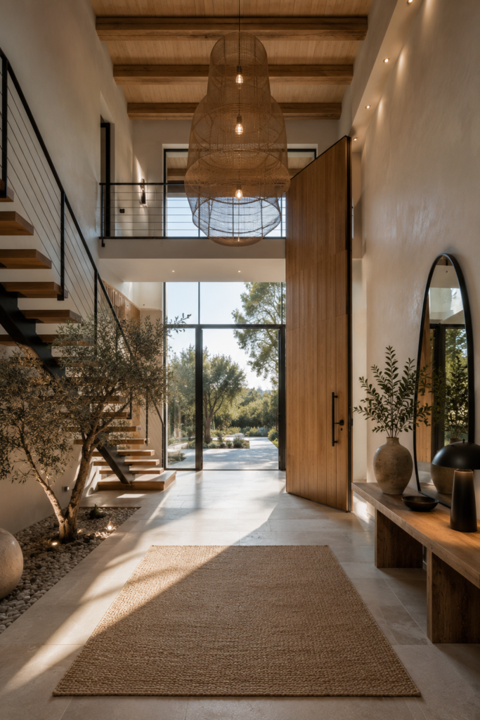 Entrée de maison avec plafond cathédrale, porte pivotante en bois, escalier flottant, suspension monumentale en fibres naturelles, olivier intérieur et baie vitrée toute hauteur.