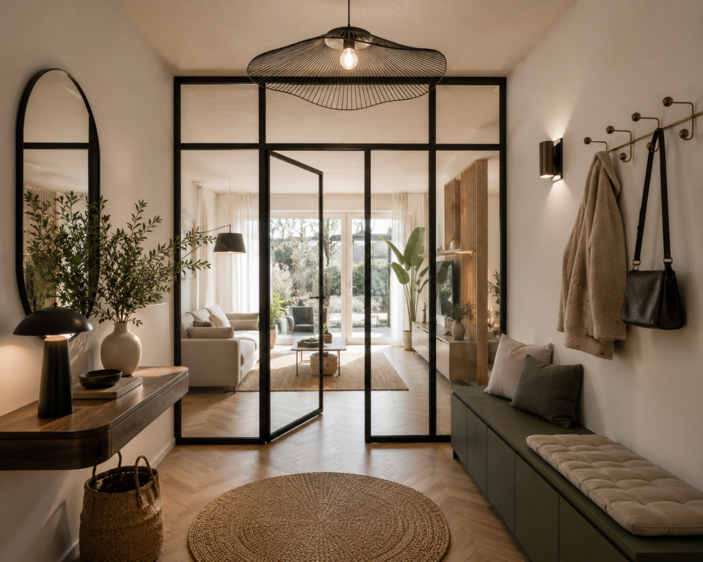 Entrée de maison avec verrière atelier noire, banquette intégrée, parquet en chevrons, console en bois, suspension design et salon lumineux en arrière-plan.
