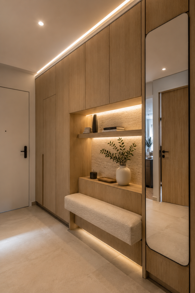Entrée moderne avec rangements sur mesure toute hauteur en chêne clair, niche rétroéclairée, banquette suspendue en bouclette, miroir pleine hauteur et décoration minimaliste.