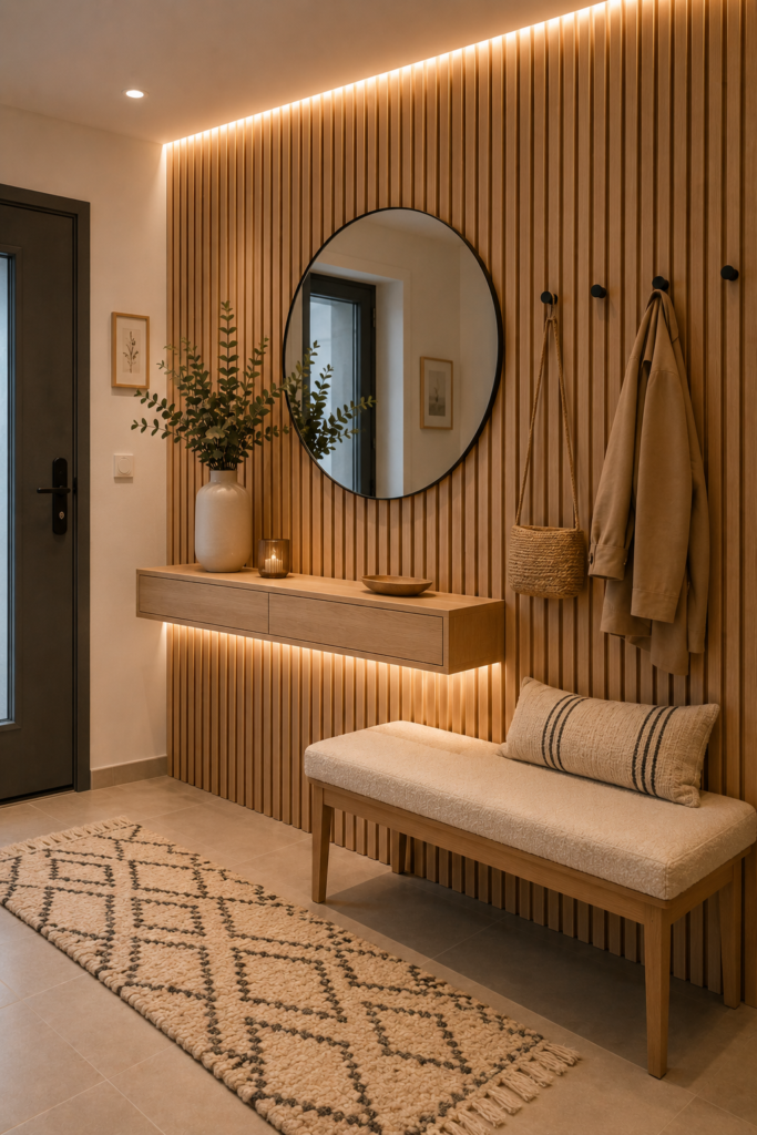 Entrée moderne avec mur en tasseaux de bois, console suspendue en chêne clair, grand miroir rond, tapis berbère crème à motifs noirs, banc en tissu bouclette et éclairage LED indirect.