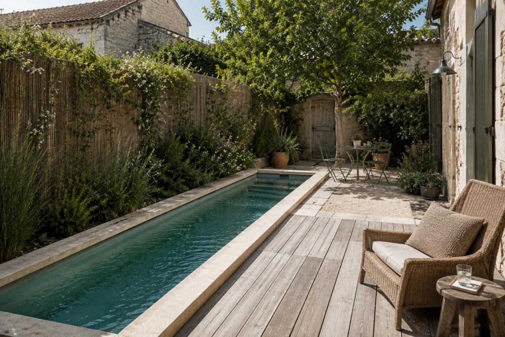 Mini piscine en longueur aménagée dans une cour intérieure avec maison en pierre, terrasse en bois et jardin paysager.