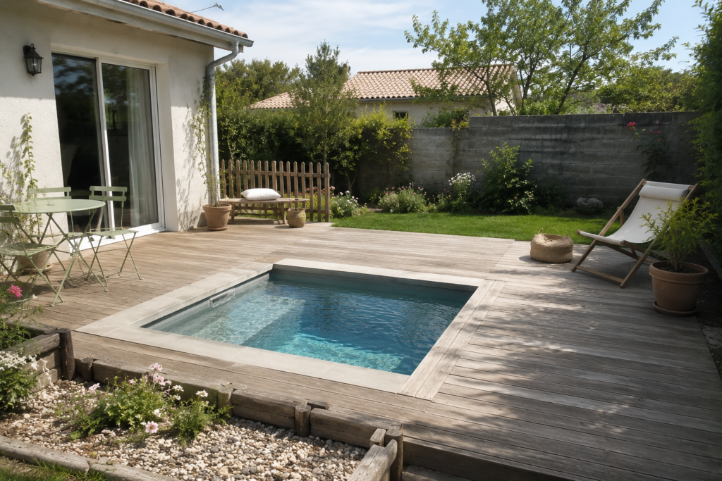 Mini piscine intégrée à une terrasse en bois dans le jardin d'une maison familiale avec plage en pierre naturelle et espace détente.