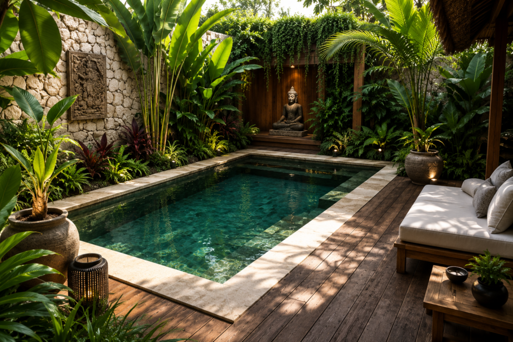 Mini piscine de style Bali entourée d'une terrasse en bois, de pierre naturelle et d'une végétation tropicale luxuriante.