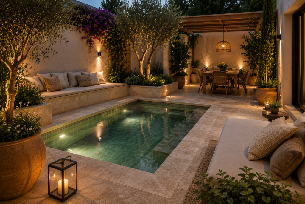 Mini piscine entourée de travertin avec terrasse, pergola en bois et jardin méditerranéen éclairé en soirée.