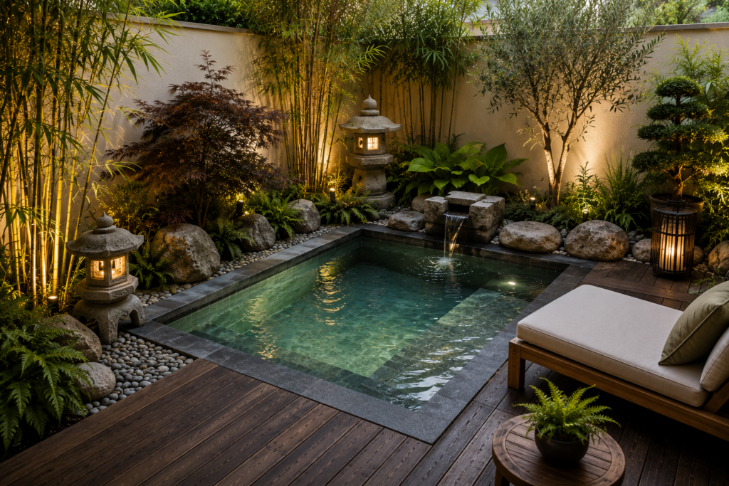 Petit bassin japonais entouré de bambous, de rochers, de lanternes en pierre et d’une terrasse en bois dans un jardin zen.