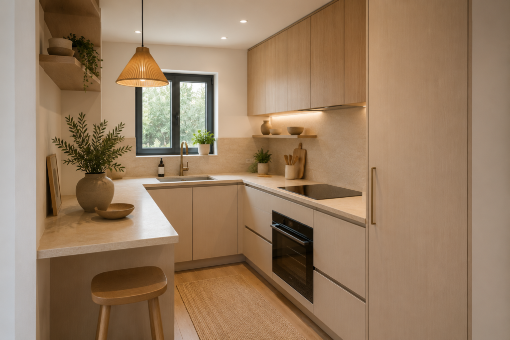 Petite cuisine beige et bois optimisée avec implantation en U, nombreux rangements, fenêtre centrale et plan de travail en pierre.
