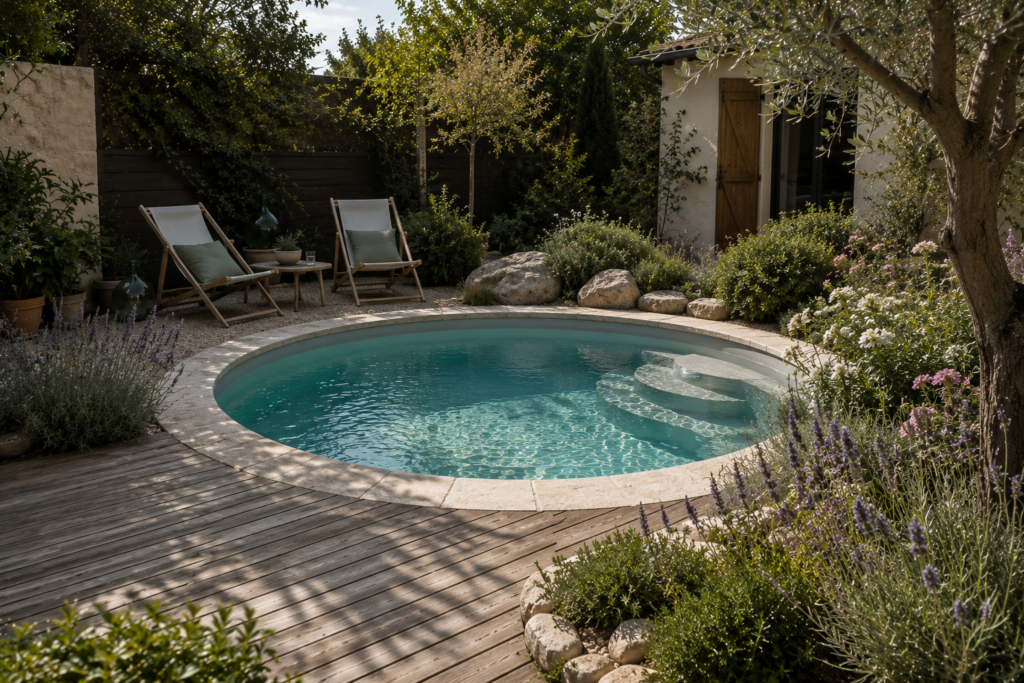 Petite piscine ronde intégrée dans un jardin paysager avec terrasse en bois, lavandes, olivier et maison familiale.