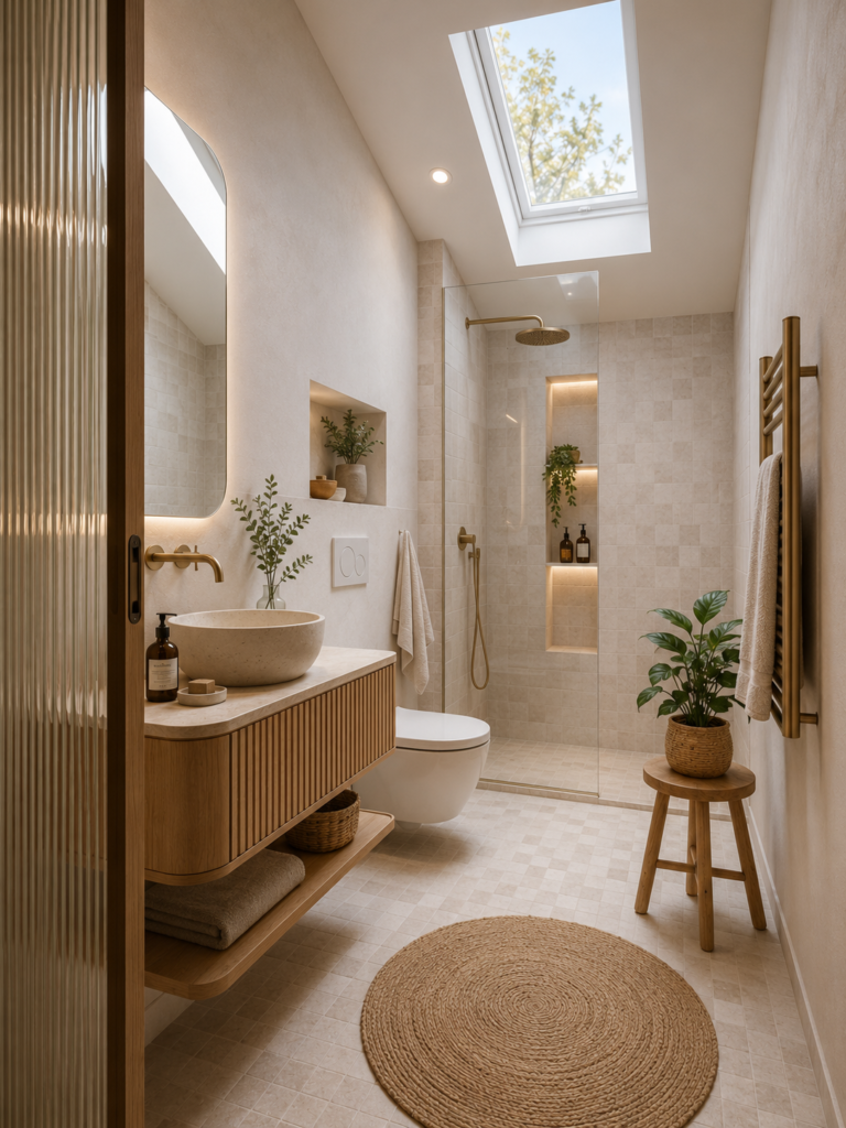 Petite salle de bain naturelle avec meuble suspendu en bois clair, vasque en pierre, douche à l'italienne, fenêtre de toit, porte en verre strié et rangements intégrés.