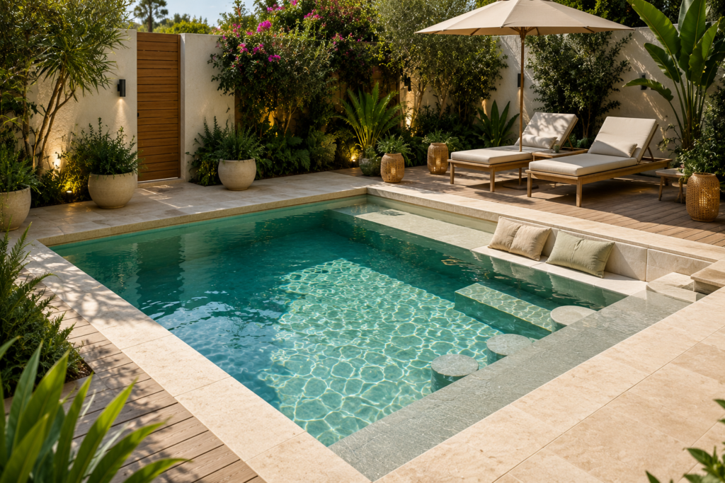 Petite piscine contemporaine avec banquette immergée, plage peu profonde et terrasse en pierre naturelle dans un jardin paysager.