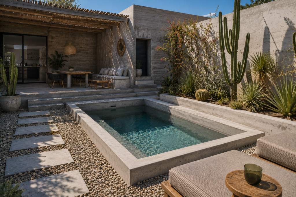 Petite piscine en béton brut dans un jardin contemporain avec végétation désertique, cuisine d'extérieur et terrasse en gravier minéral.