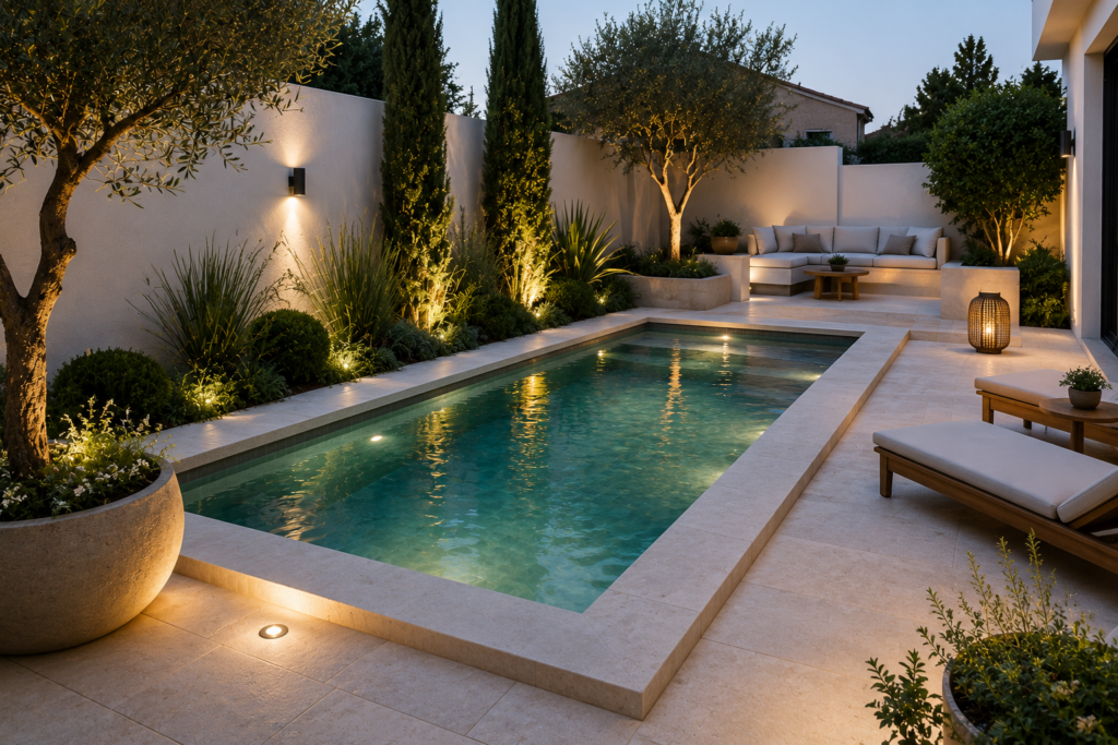 Petite piscine carrée contemporaine entourée de pierre naturelle avec éclairage paysager dans un jardin moderne.