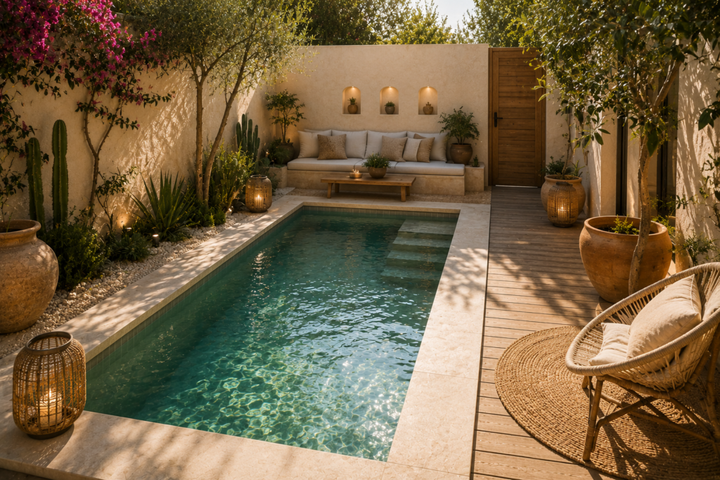 Piscine miroir compacte avec margelles en pierre naturelle, terrasse en bois et jardin méditerranéen dans un petit espace extérieur.