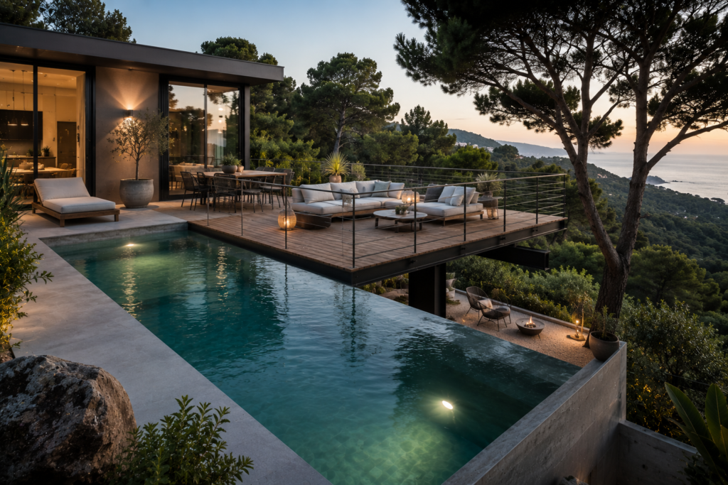 Piscine à débordement avec terrasse suspendue en bois offrant une vue panoramique sur la mer depuis une maison contemporaine.