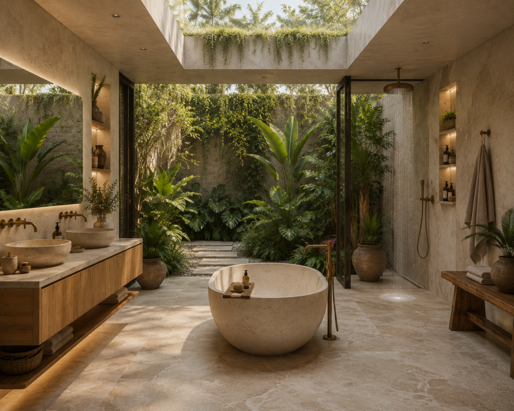 Salle de bain biophilique avec baignoire îlot en pierre, double vasque en bois, douche à l'italienne ouverte, patio tropical et lumière naturelle zénithale.