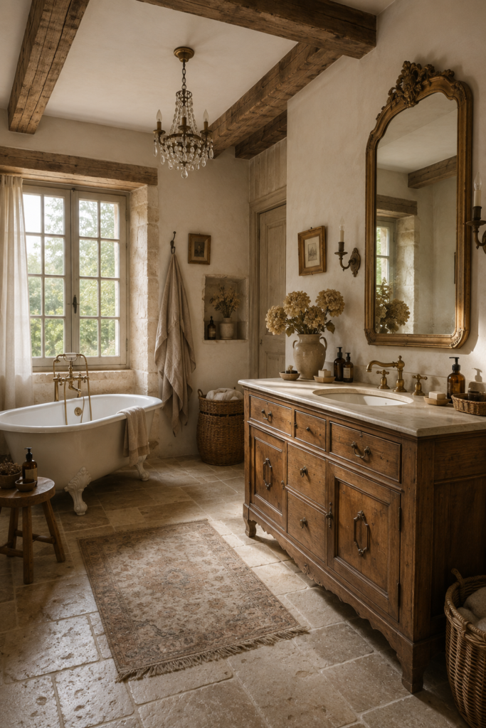 Salle de bain campagne chic avec meuble ancien en bois transformé en meuble vasque, baignoire sur pieds, poutres apparentes, miroir ancien doré et sol en pierre naturelle.