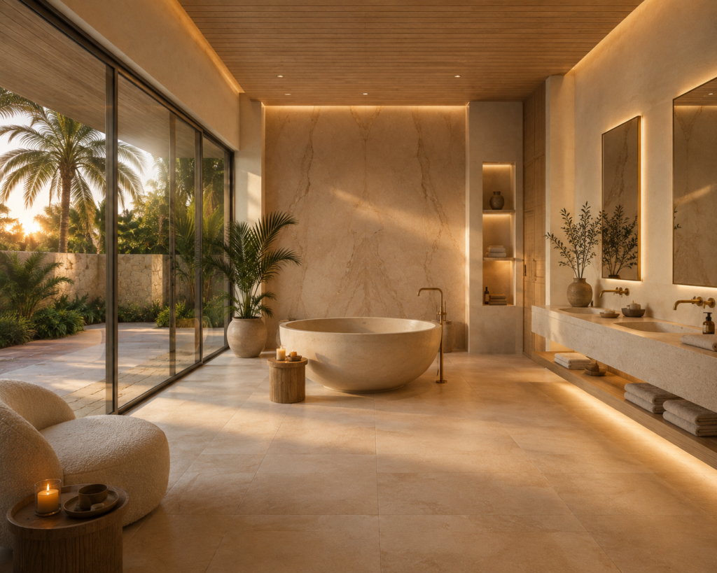 Salle de bain haut de gamme inspirée d'un hôtel de luxe avec baignoire îlot en pierre, meuble suspendu, éclairage indirect, baies vitrées et jardin tropical.