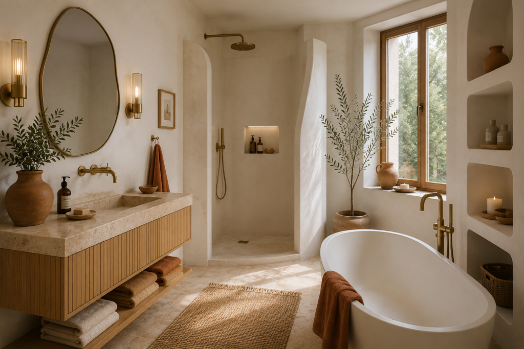 Salle de bain méditerranéenne avec murs en chaux, arche, meuble en bois à tasseaux, plan vasque en travertin, baignoire îlot et robinetterie en laiton.