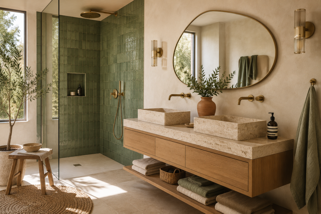 Salle de bain naturelle avec douche en zellige vert sauge, meuble suspendu en chêne, vasques en travertin et robinetterie en laiton.