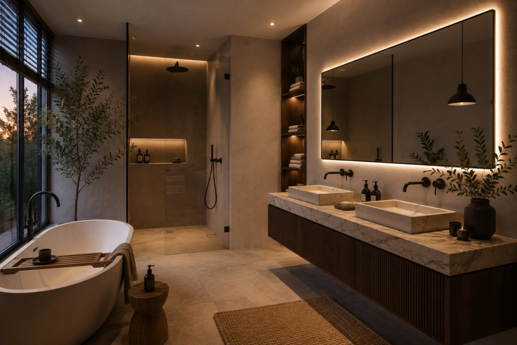 Salle de bain contemporaine avec meuble suspendu en noyer foncé, plan vasque en pierre naturelle, robinetterie noire mate, miroir rétroéclairé, douche à l'italienne et baignoire îlot.