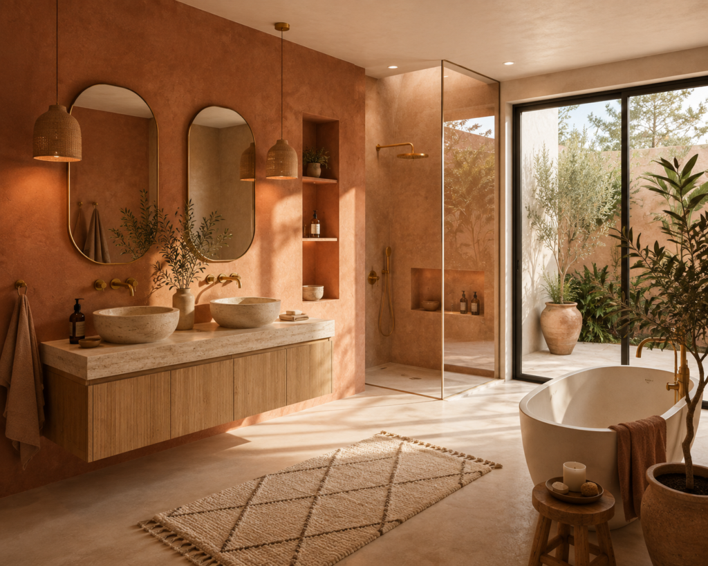Salle de bain terracotta avec murs en enduit, meuble suspendu en bois, doubles vasques en pierre, douche à l'italienne, baignoire îlot et vue sur un patio méditerranéen.