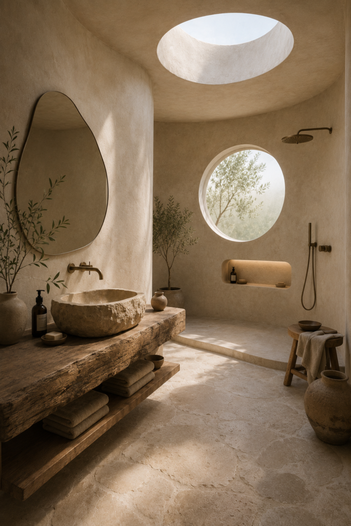 Salle de bain Wabi-sabi avec murs courbes en enduit minéral, vasque en pierre naturelle sculptée, meuble en bois massif brut, miroir organique et puits de lumière circulaire.