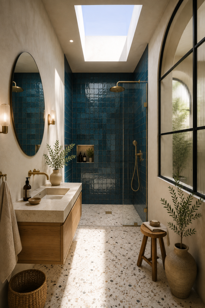 Salle de bain naturelle avec douche en zellige bleu profond, sol en terrazzo, meuble suspendu en chêne, plan vasque en pierre, verrière cintrée et puits de lumière.