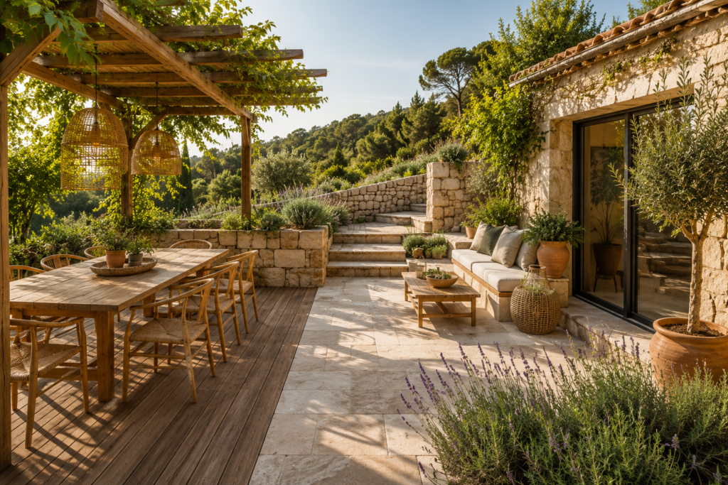 Terrasse en bois et pierre naturelle avec pergola et mobilier en bois