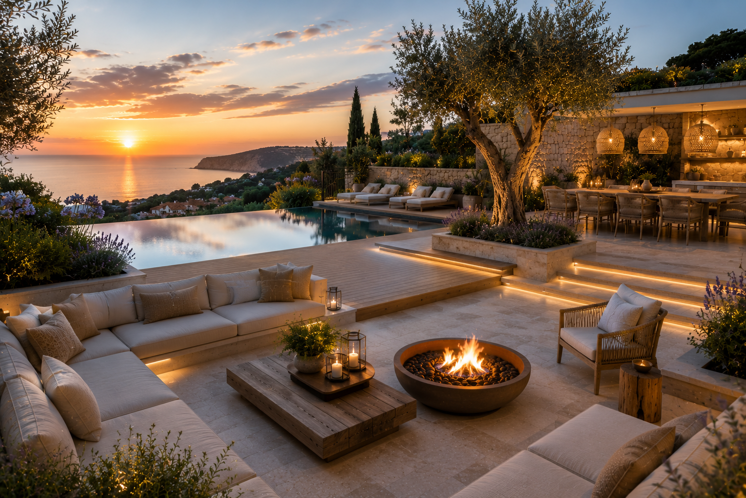 Grande terrasse contemporaine de luxe avec piscine miroir à débordement, travertin clair, terrasse en bois naturel, brasero design, salon extérieur haut de gamme, oliviers, lavandes et vue panoramique au coucher du soleil.