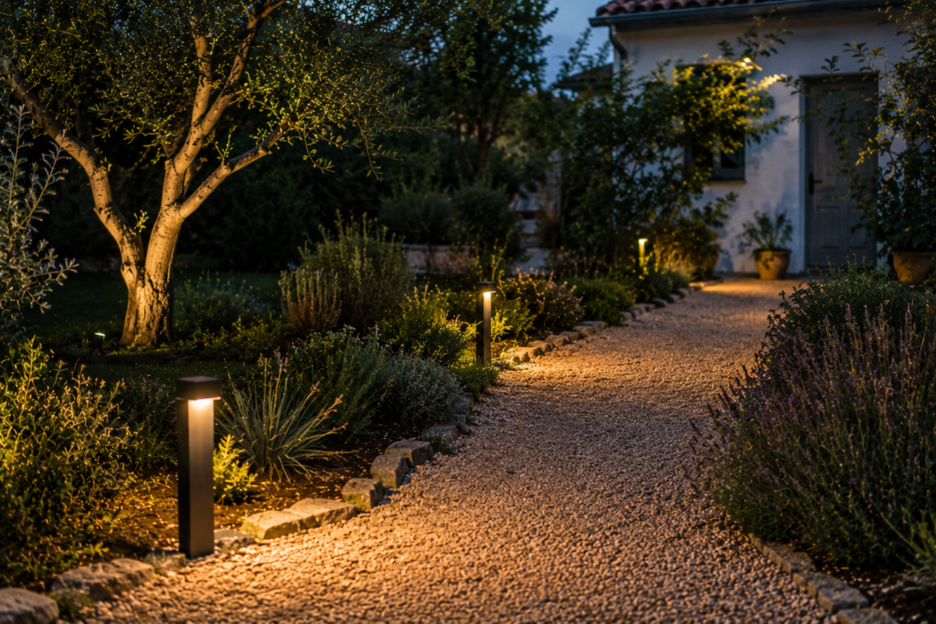 Allée en gravier éclairée par des bornes lumineuses LED dans un jardin paysager avec un olivier, des lavandes et une maison chaleureuse à la tombée de la nuit.